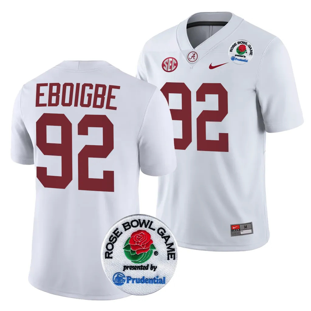 Men's Alabama Crimson Tide Justin Eboigbe #92 White 2024 Rose Bowl Playoff NCAA College Football Jersey
